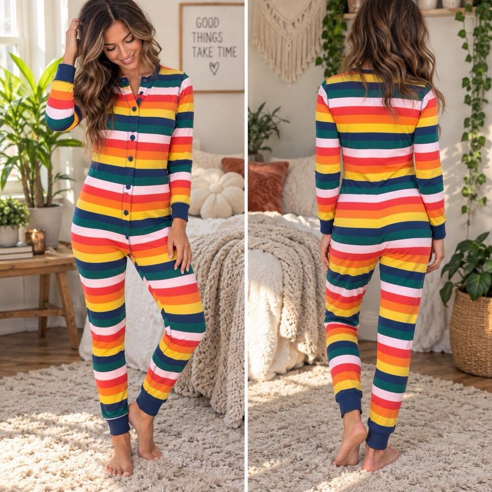 Old Navy Sz XS Rainbow Stripe Union Suit Pajamas One Piece Retro Dopamine Cozy
